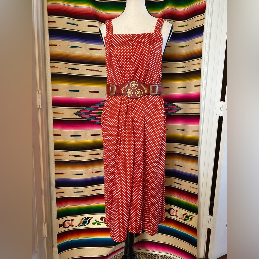 SOLD!! 70s VINTAGE RED POLKA DOT TANK MIDI DRESS